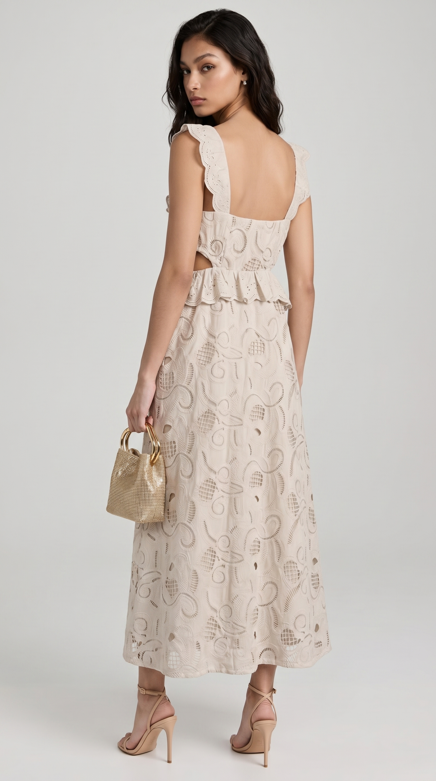 Venta - Ruffled Eyelet Cutout Midi Dress Beige