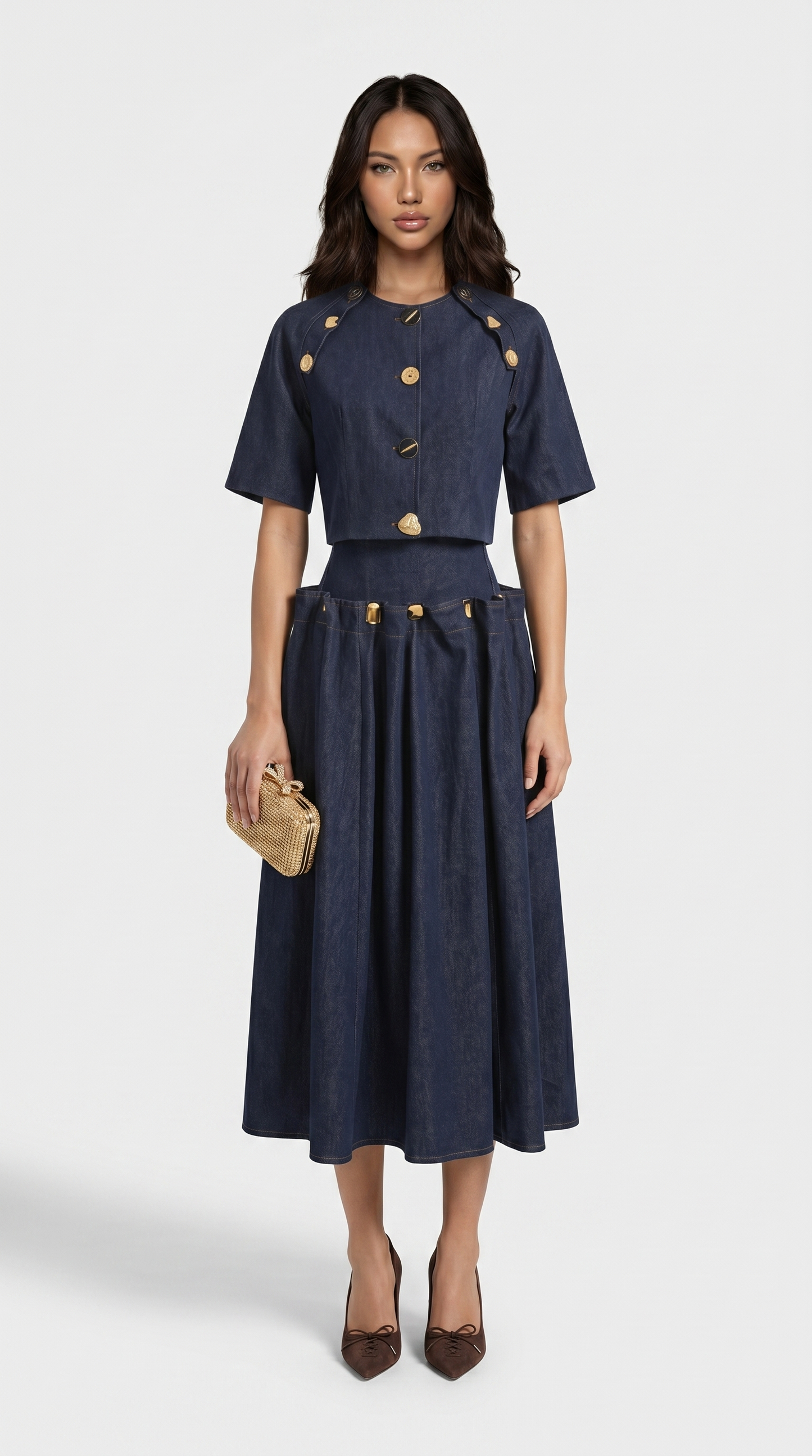 Siro - Sculptural Two-Piece Illusion Denim Midi Dress