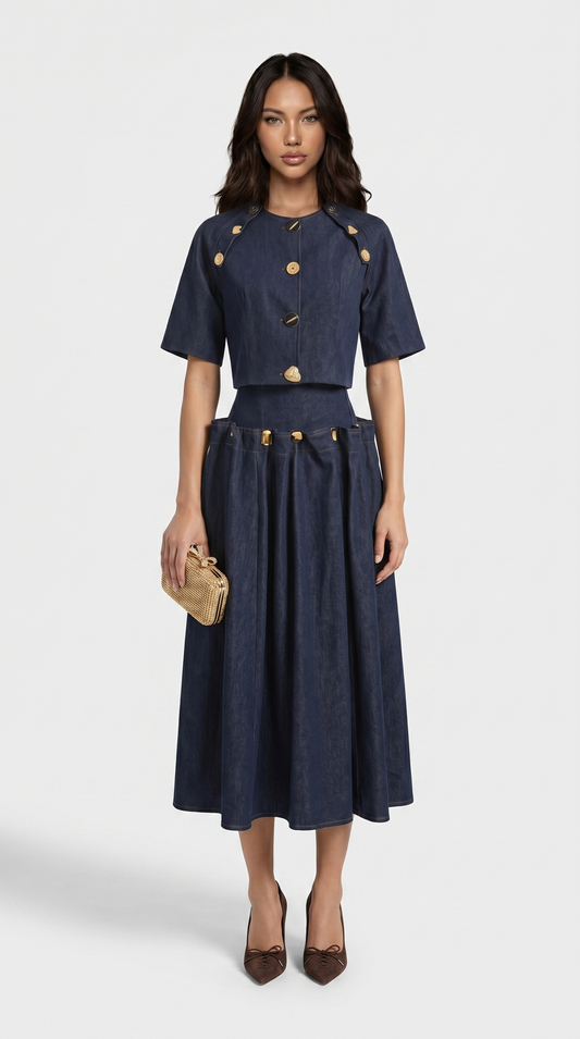 Siro - Sculptural Two-Piece Illusion Denim Midi Dress