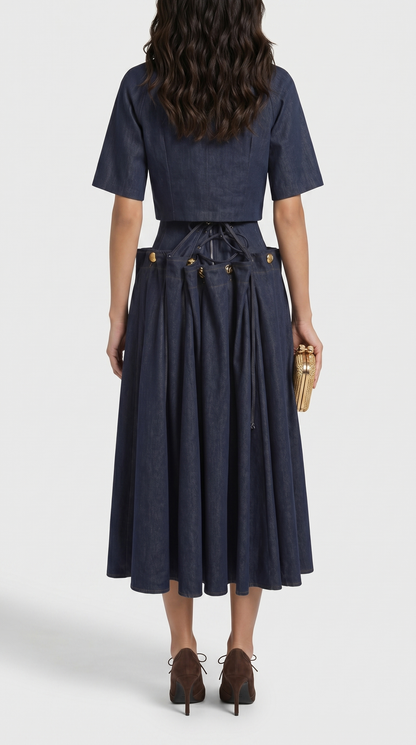 Siro - Sculptural Two-Piece Illusion Denim Midi Dress