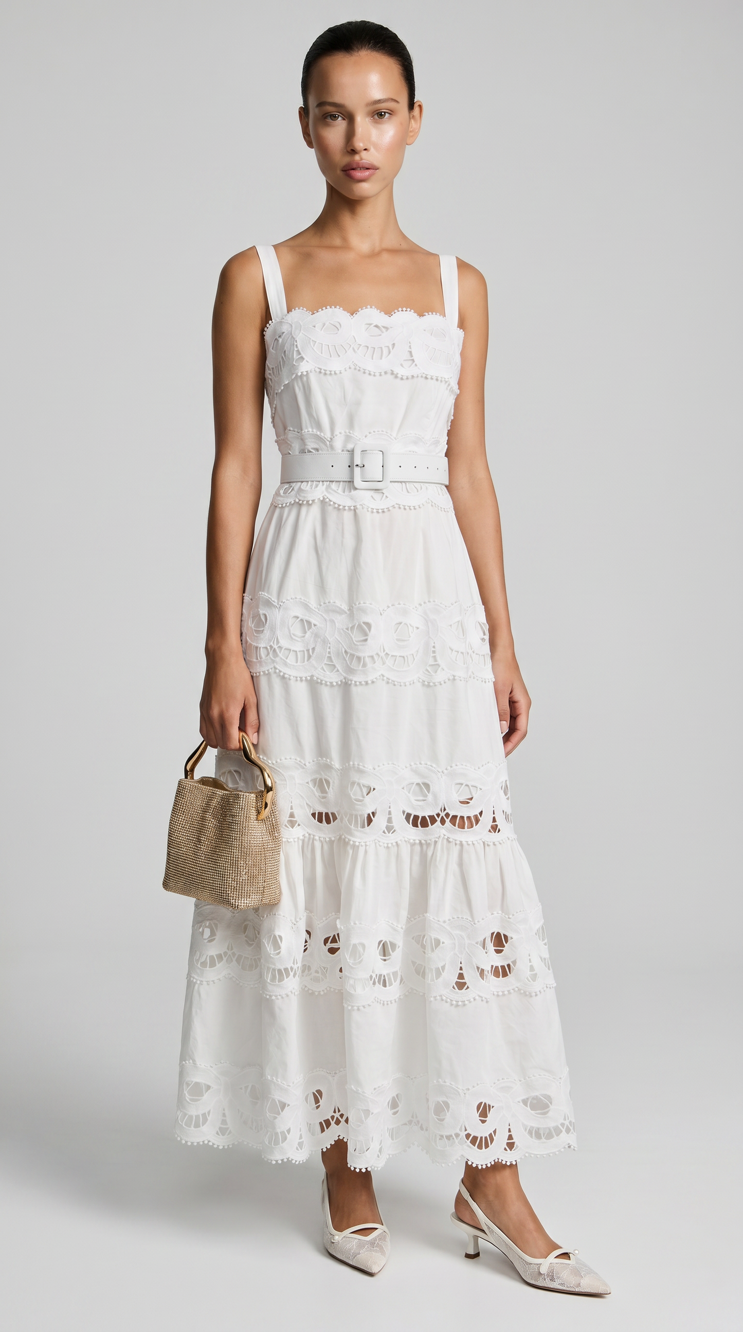 Seda - Belted Eyelet Lace Maxi Dress White