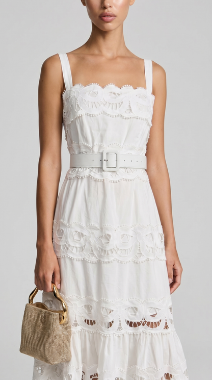 Seda - Belted Eyelet Lace Maxi Dress White