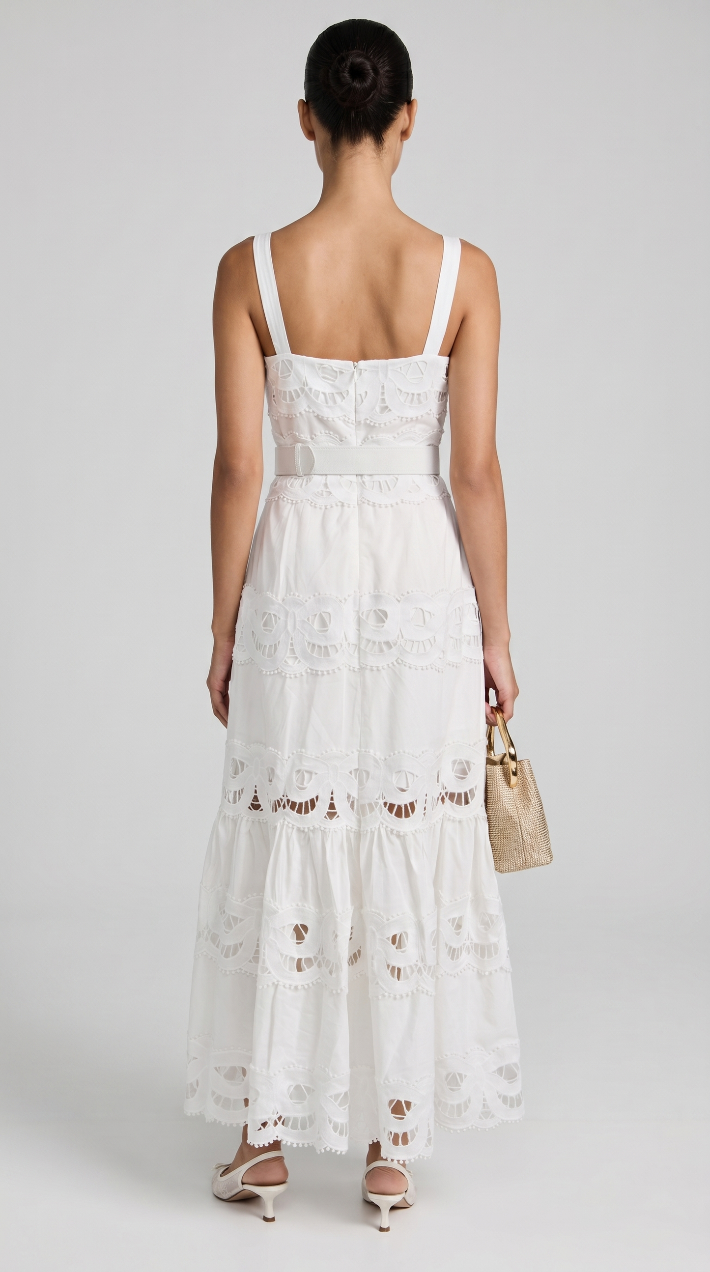 Seda - Belted Eyelet Lace Maxi Dress White