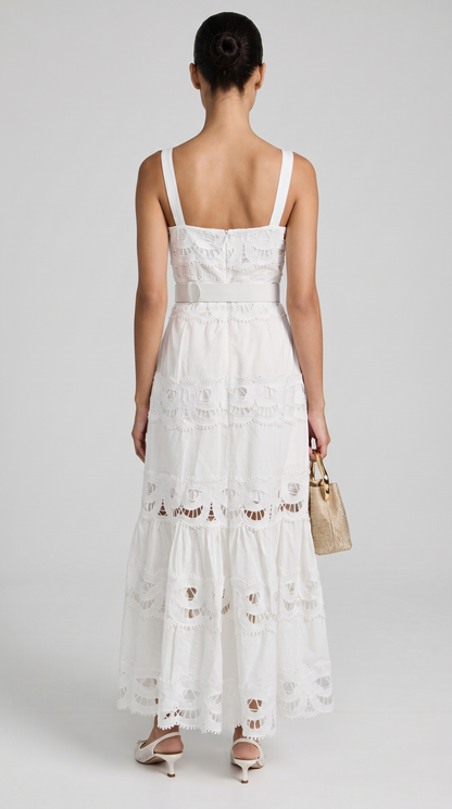 Seda - Belted Eyelet Lace Maxi Dress White