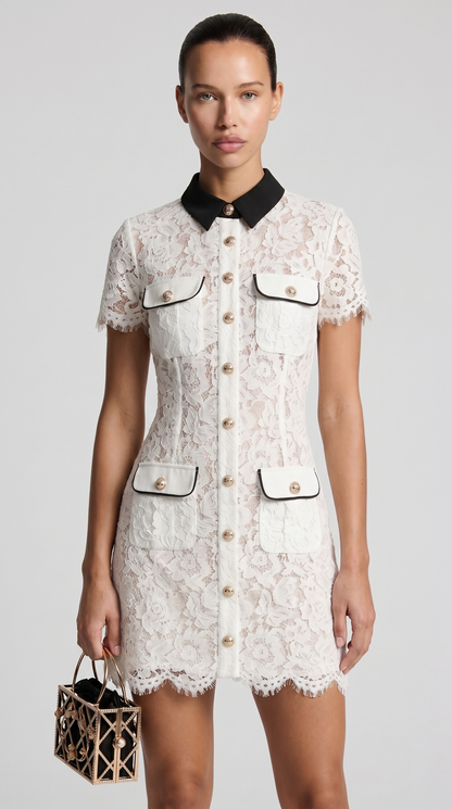 Pura - Contrast-Trim Floral Lace Mini Dress