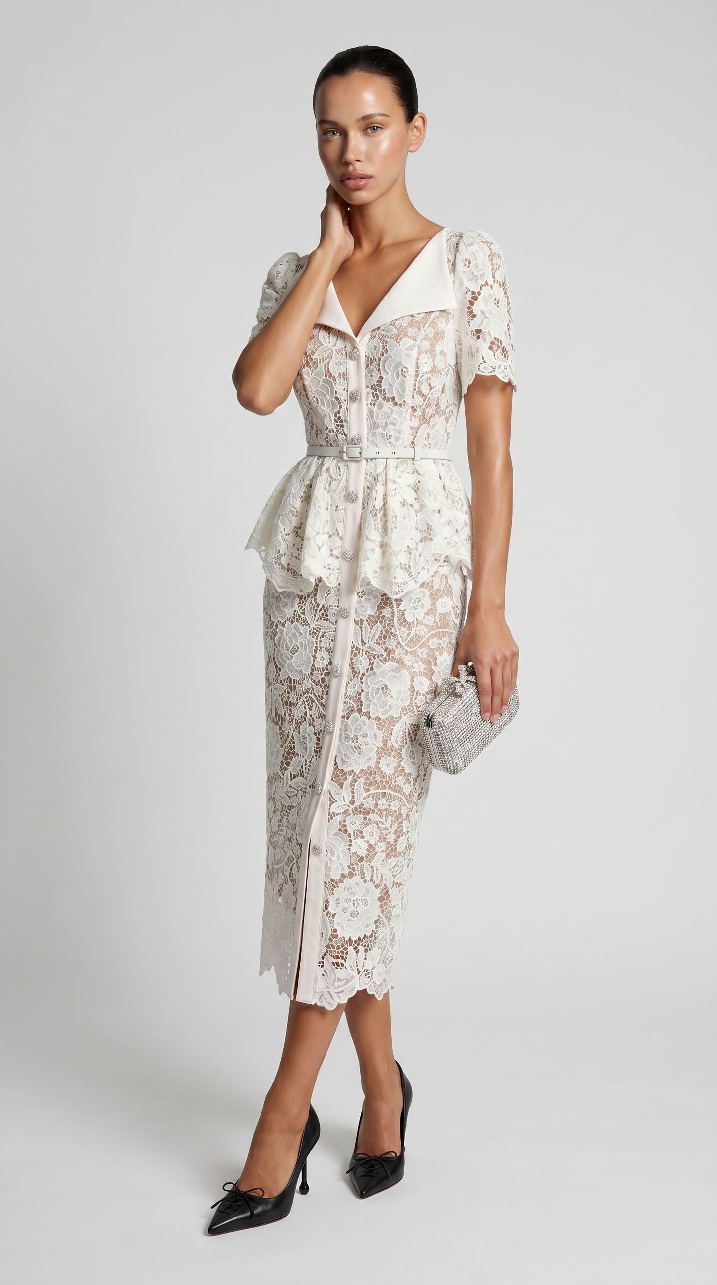 Kaza - Belted Peplum Lace Midi Dress