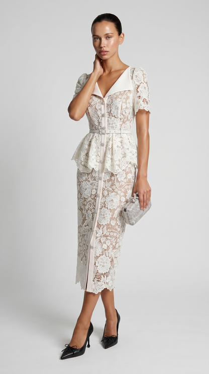 Kaza - Belted Peplum Lace Midi Dress