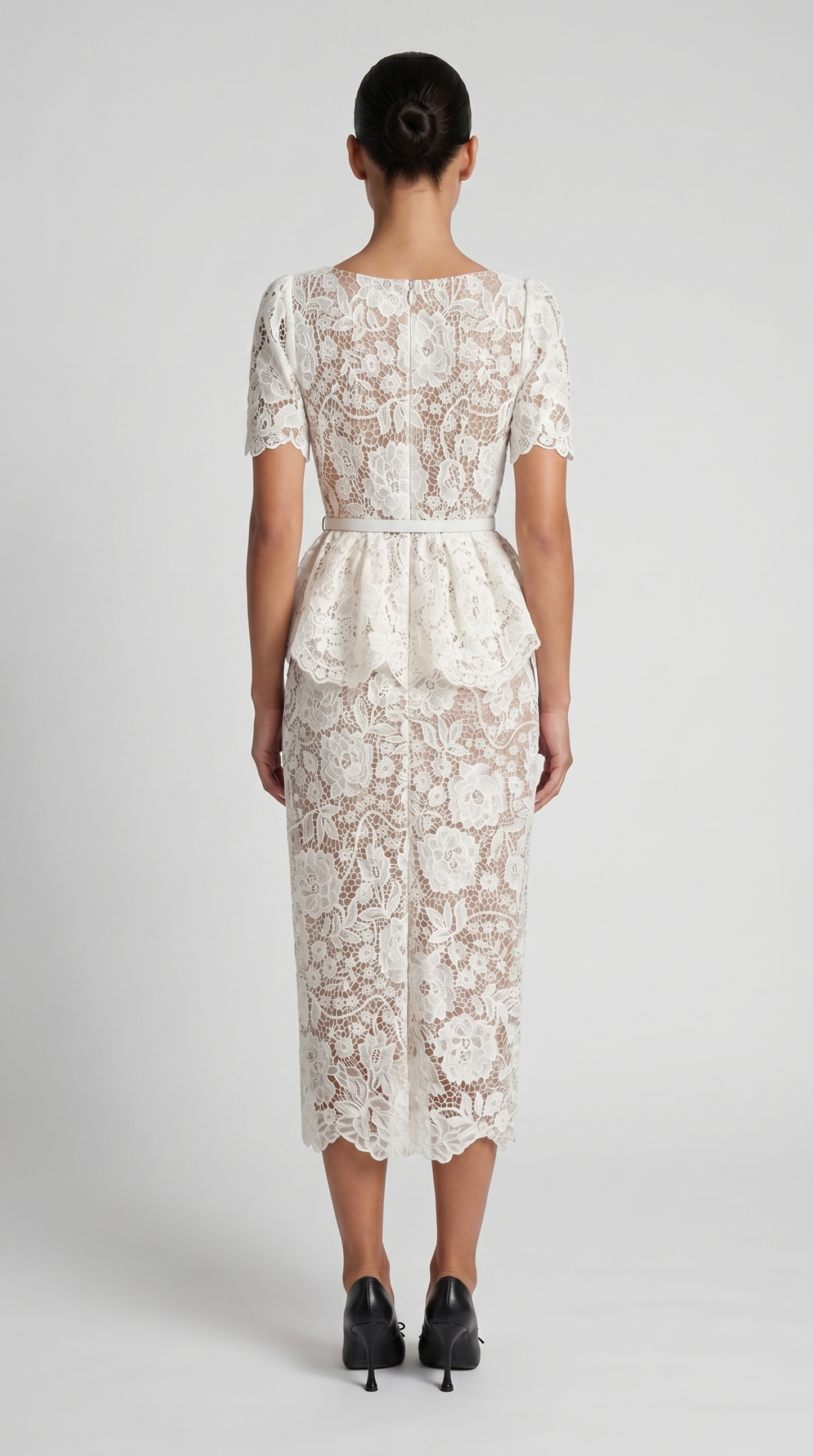 Kaza - Belted Peplum Lace Midi Dress