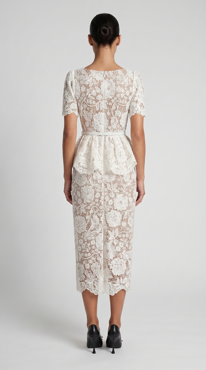 Kaza - Belted Peplum Lace Midi Dress