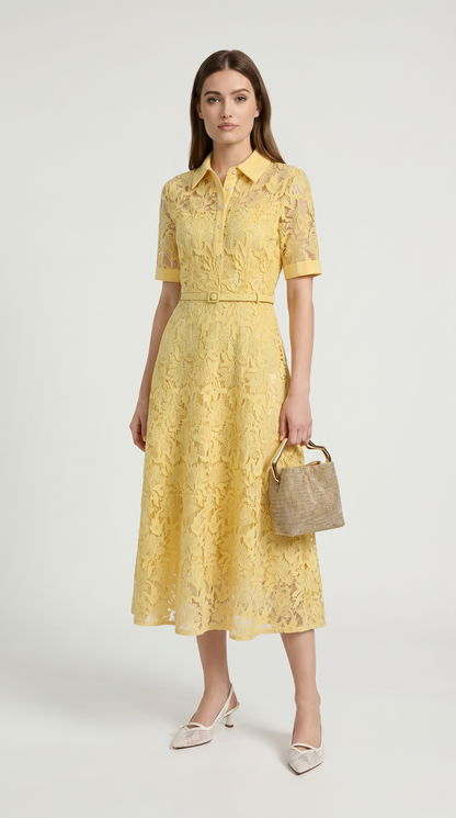 Kira - Belted Floral Lace Midi Shirt Dress