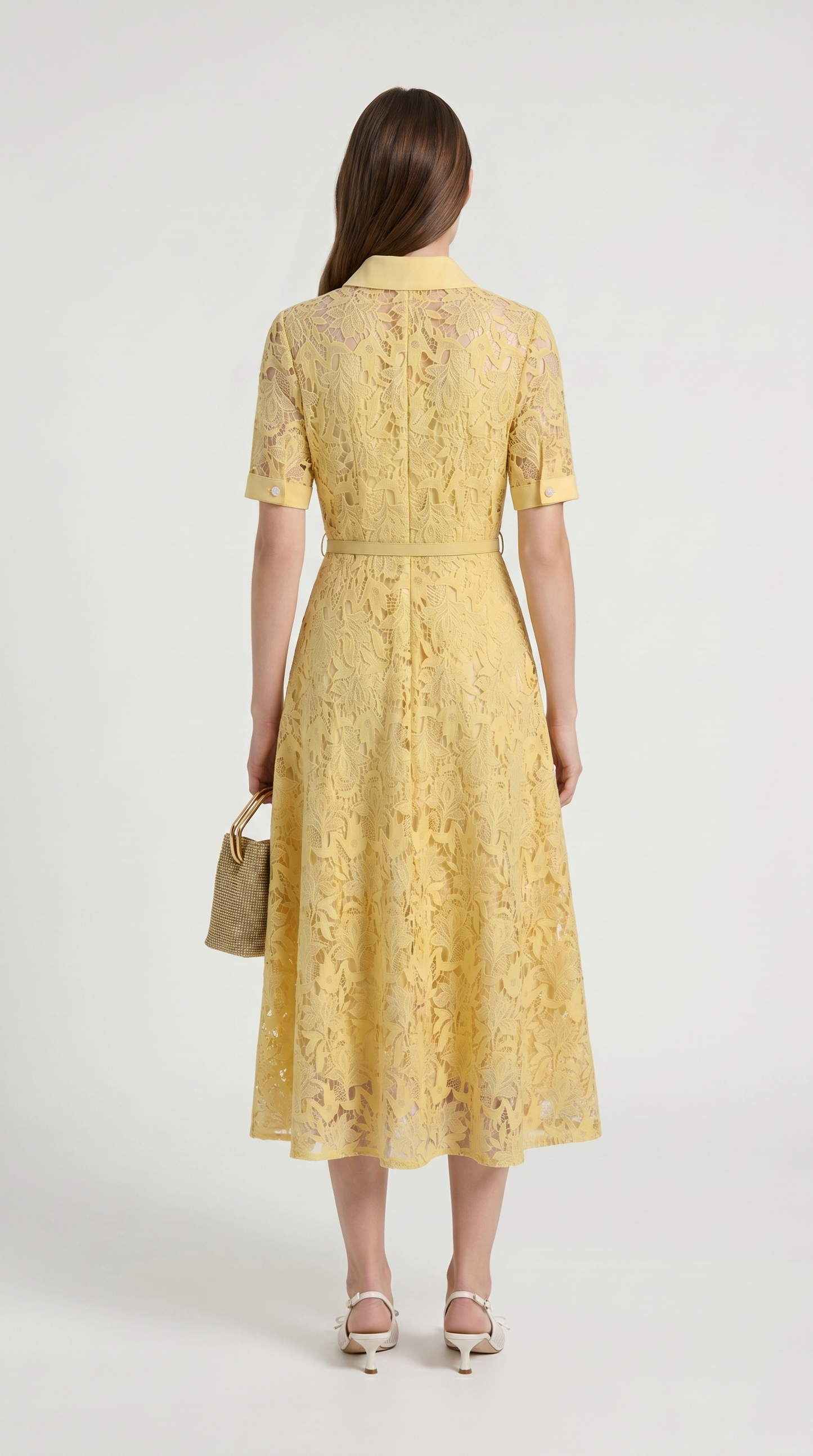 Kira - Belted Floral Lace Midi Shirt Dress