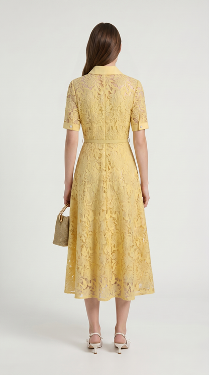 Kira - Belted Floral Lace Midi Shirt Dress
