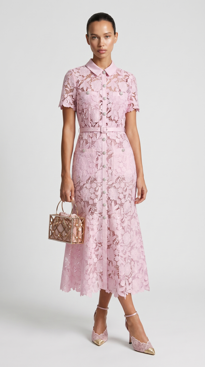 Oria - Belted Floral Lace Midi Shirt Dress Pink