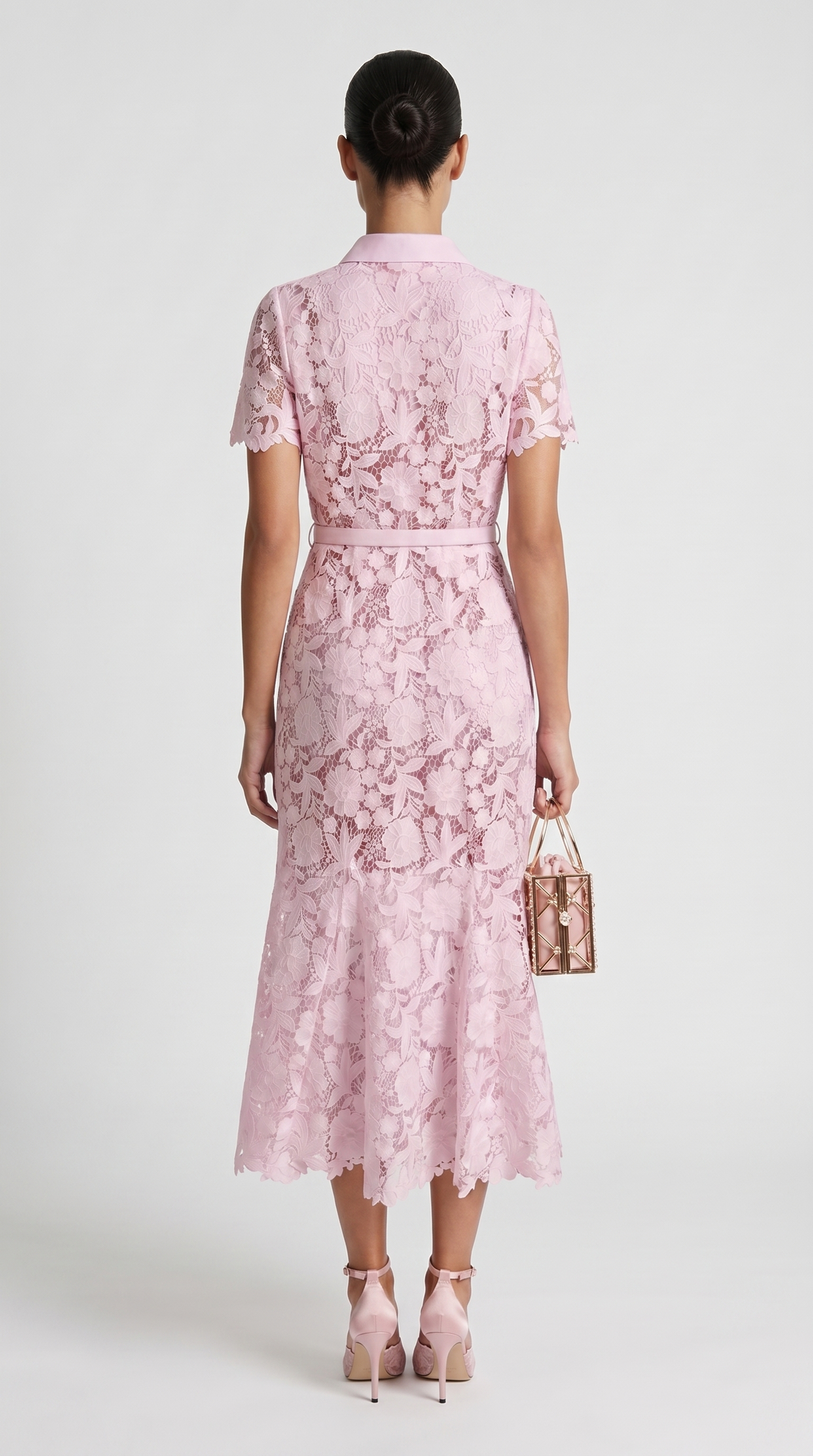 Oria - Belted Floral Lace Midi Shirt Dress Pink