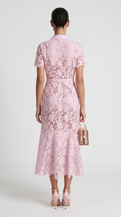 Oria - Belted Floral Lace Midi Shirt Dress Pink