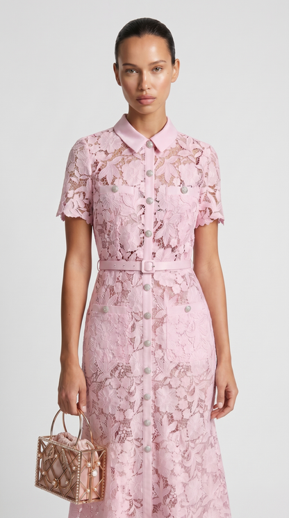 Oria - Belted Floral Lace Midi Shirt Dress Pink