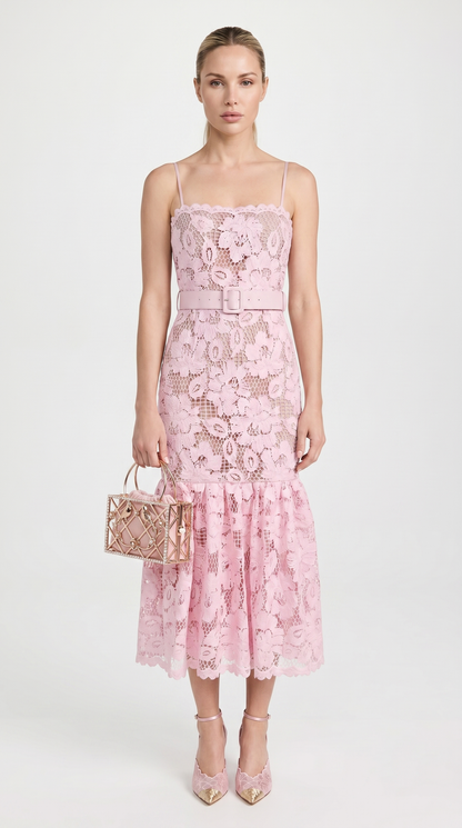 Zefi - Belted Guipure Lace Flared Midi Dress