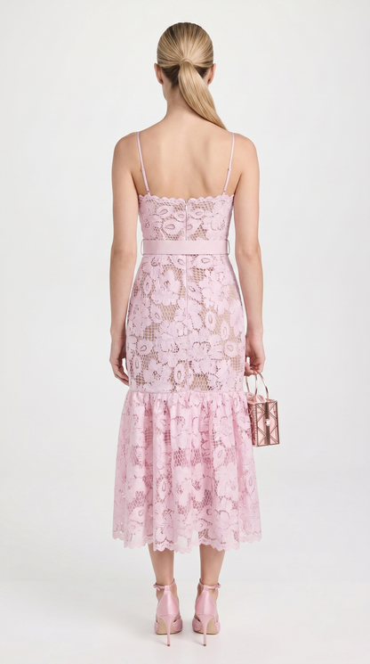 Zefi - Belted Guipure Lace Flared Midi Dress