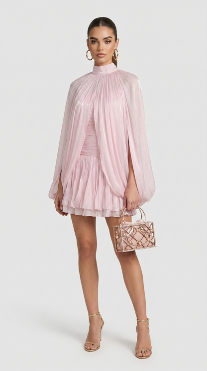 Lido - Pleated Cape-Overlay Silk Mini Dress