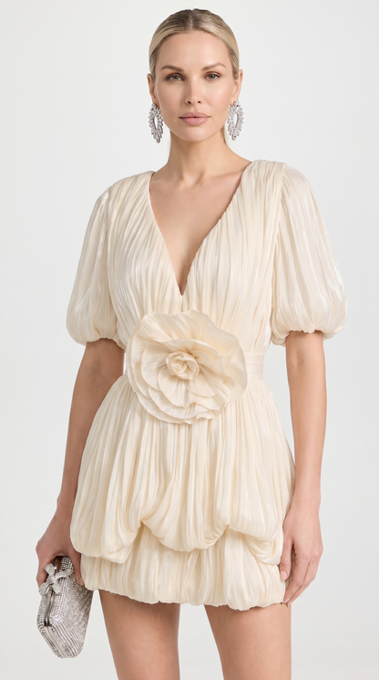 Cleo - Plissé Ruffled Bubble Mini Dress with 3D Rosette