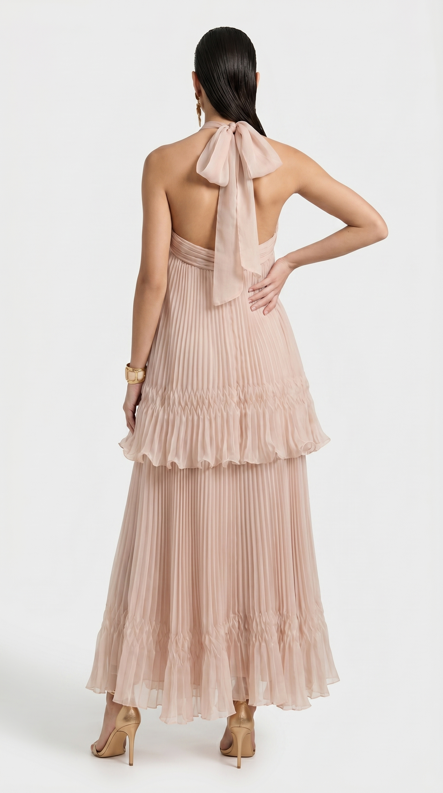 Cyan - Tiered Plissé Halter Maxi Gown