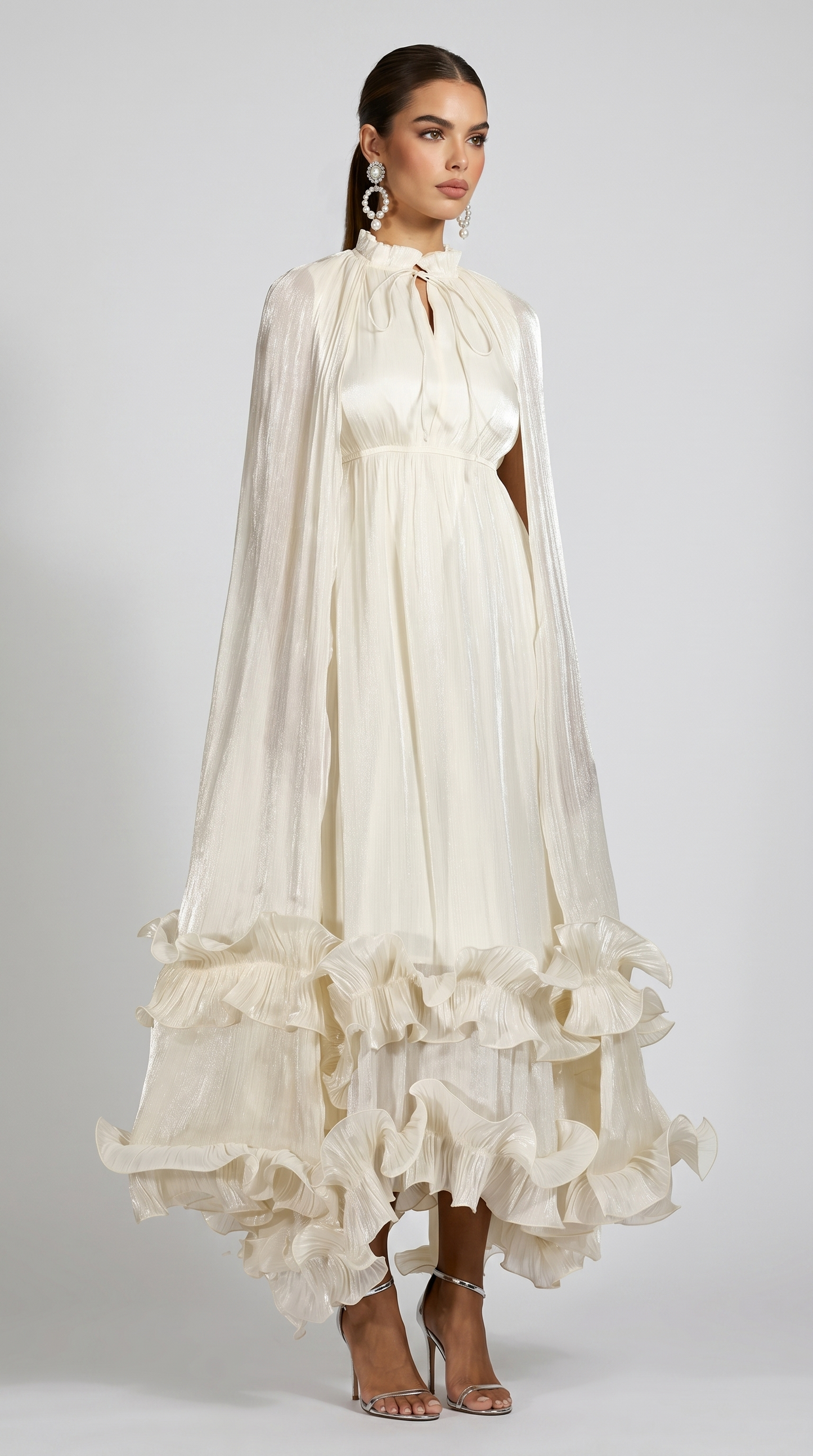 Gemo - Pleated Cape-Overlay Ruffled Maxi Gown
