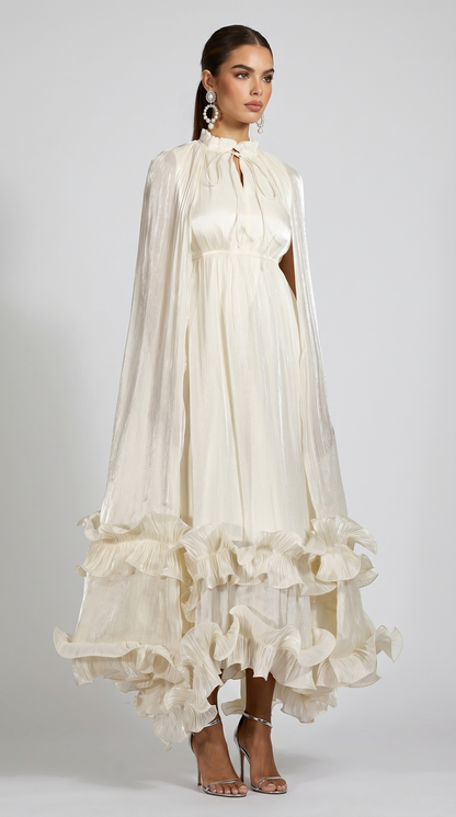 Gemo - Pleated Cape-Overlay Ruffled Maxi Gown