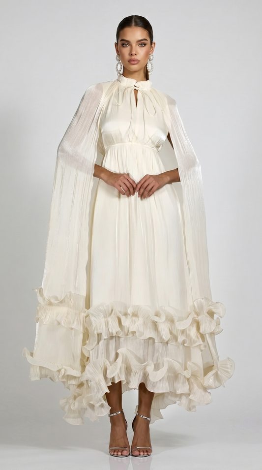 Gemo - Pleated Cape-Overlay Ruffled Maxi Gown