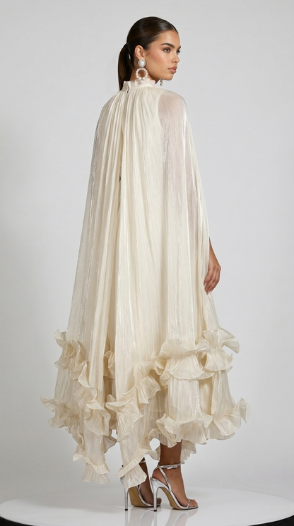 Gemo - Pleated Cape-Overlay Ruffled Maxi Gown