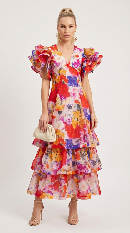 Nida - Ruffled Tiered Floral Organza Maxi Dress