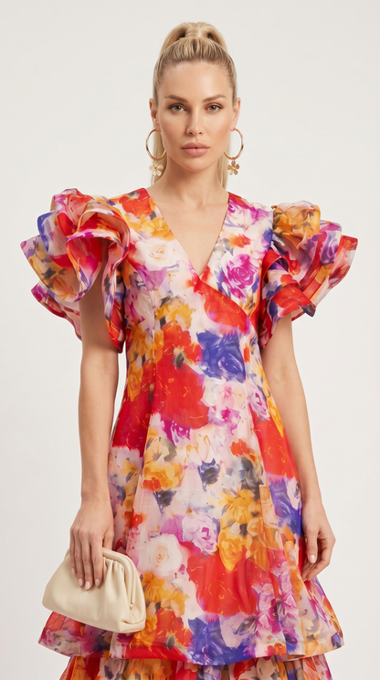 Nida - Ruffled Tiered Floral Organza Maxi Dress
