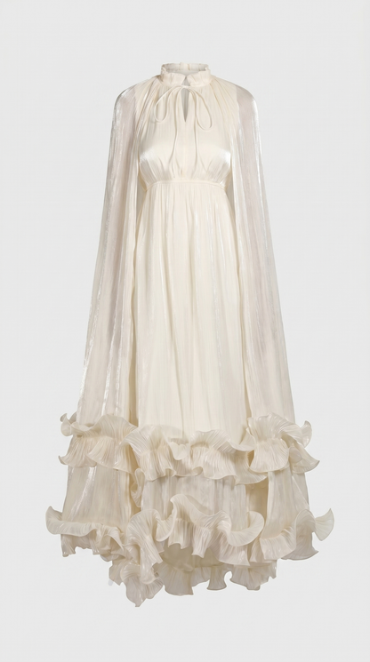 Gemo - Pleated Cape-Overlay Ruffled Maxi Gown