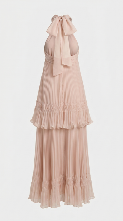 Cyan - Tiered Plissé Halter Maxi Gown