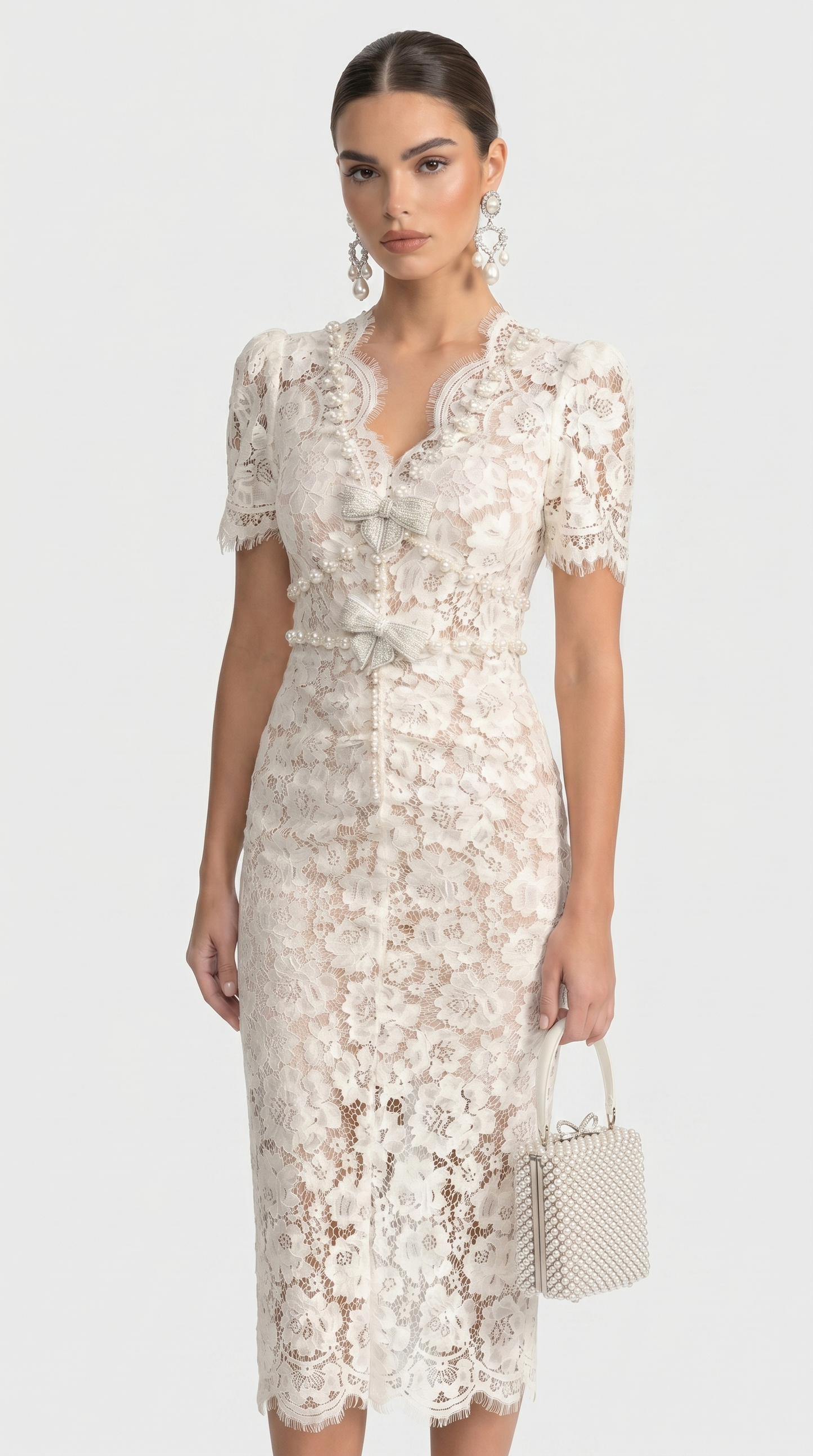 Gaya - Crystal Bow Floral Lace Midi Dress