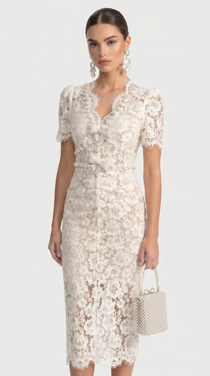 Gaya - Crystal Bow Floral Lace Midi Dress