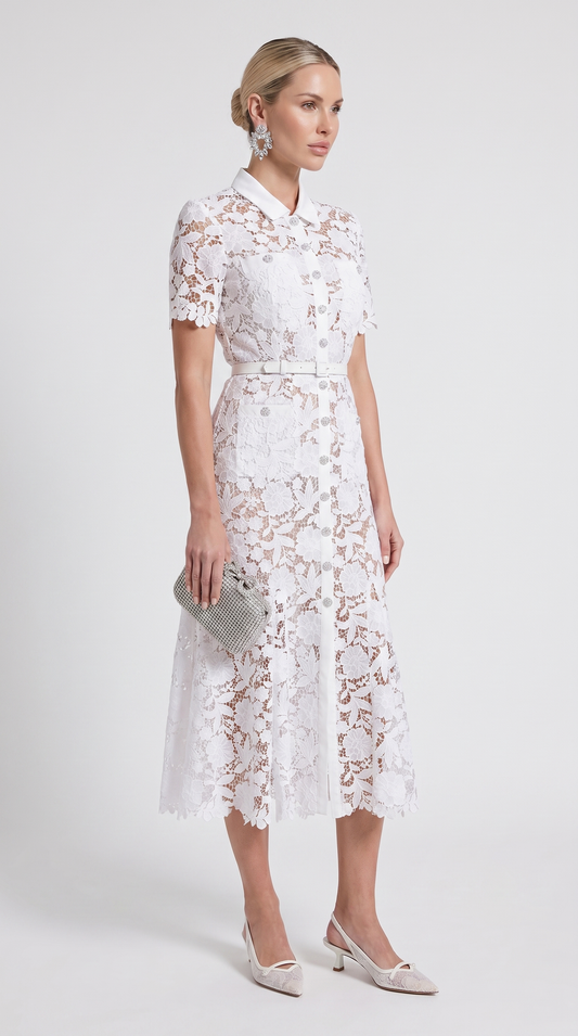 Oria - Belted Floral Lace Midi Shirt Dress White