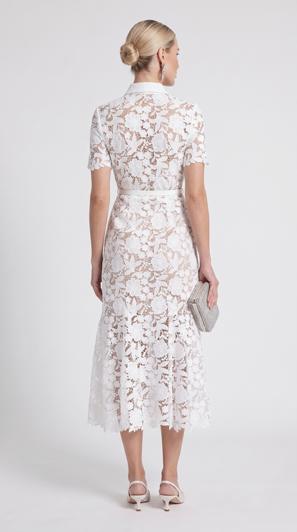 Oria - Belted Floral Lace Midi Shirt Dress White