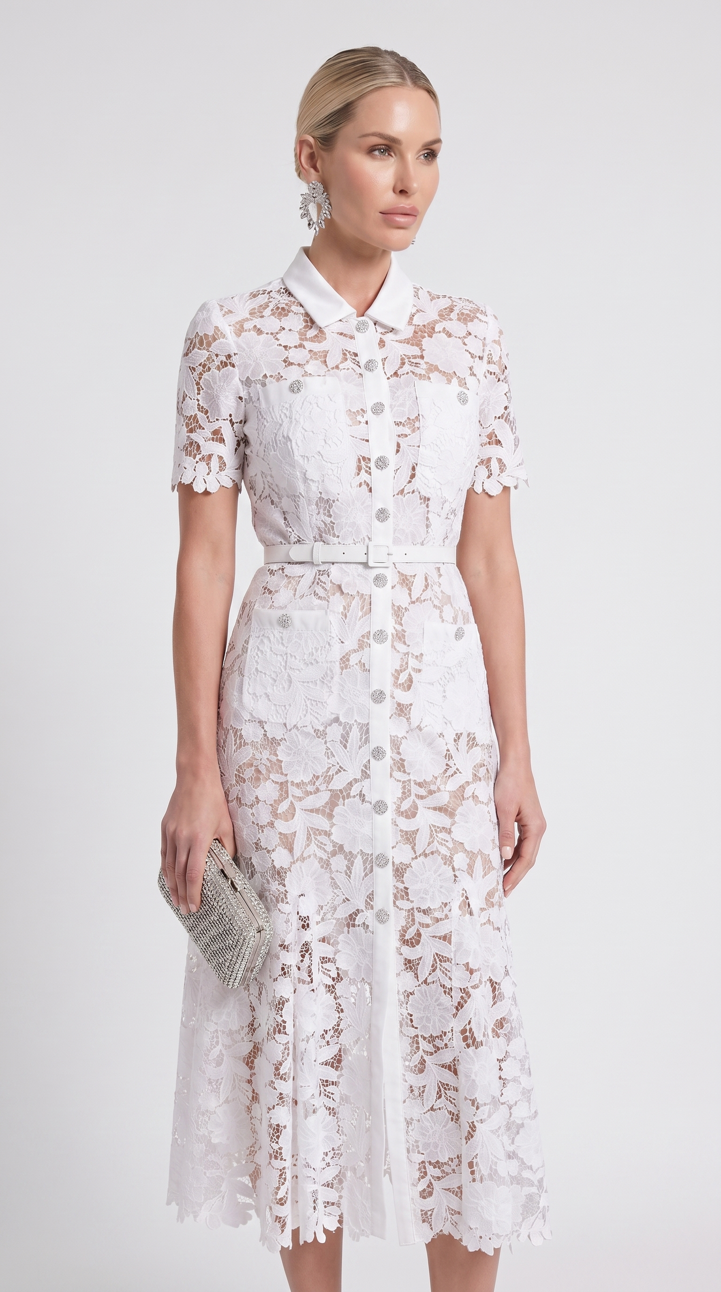 Oria - Belted Floral Lace Midi Shirt Dress White