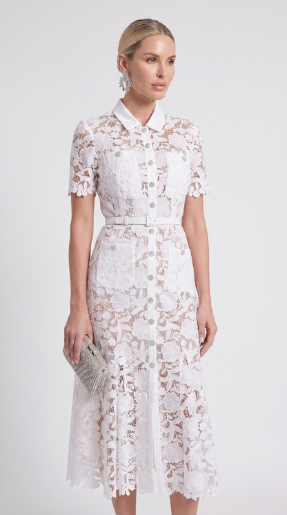 Oria - Belted Floral Lace Midi Shirt Dress White