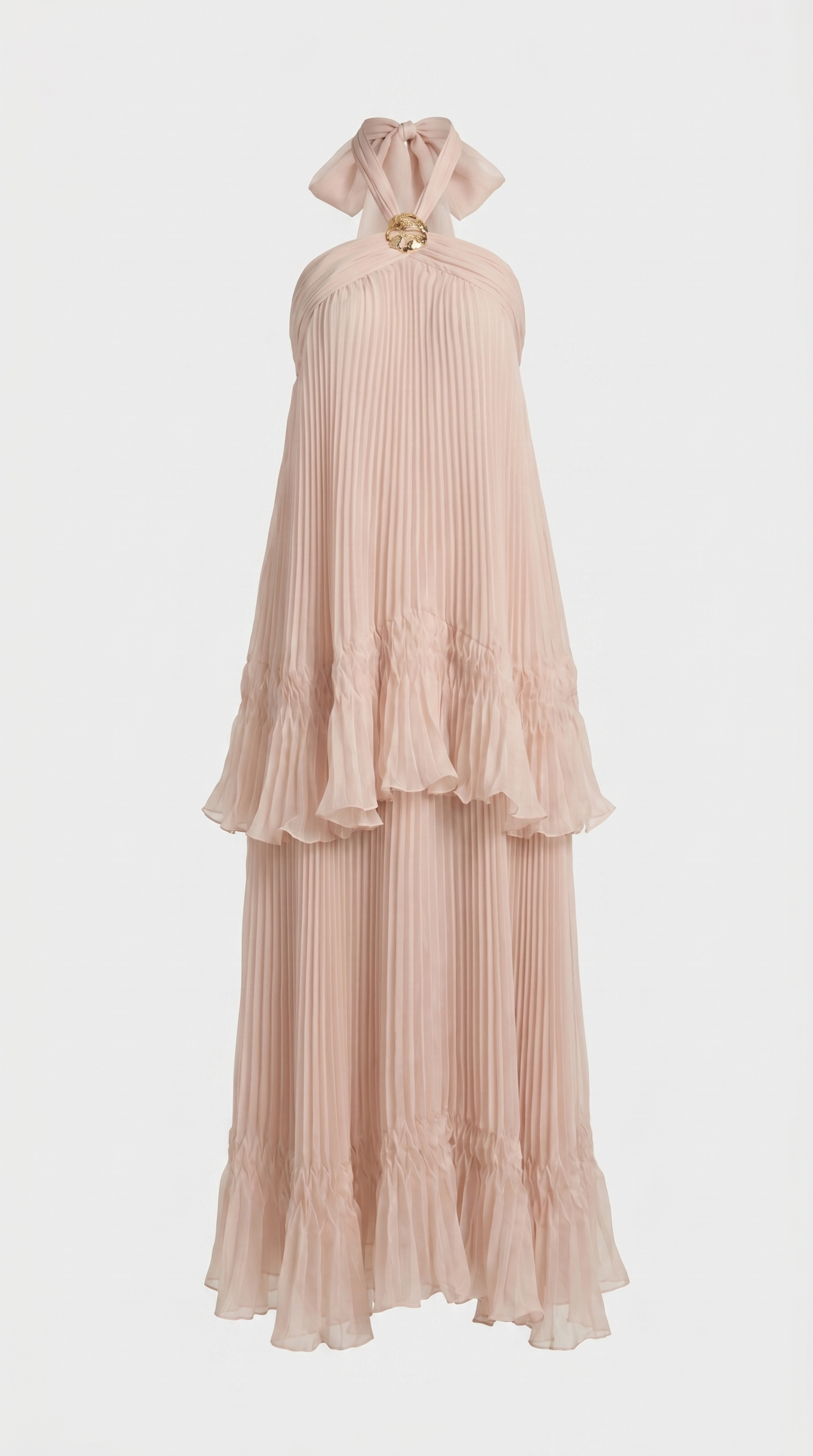 Cyan - Tiered Plissé Halter Maxi Gown