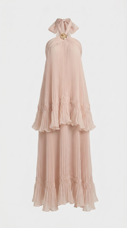 Cyan - Tiered Plissé Halter Maxi Gown
