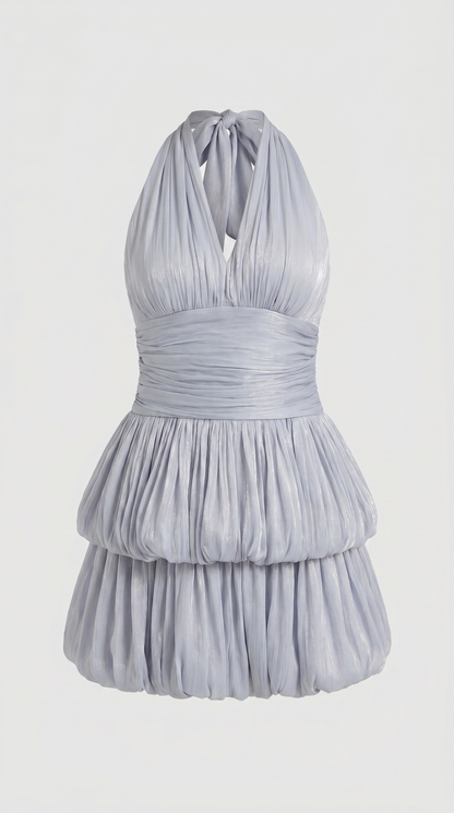 Sari - Metallic Ruched Halter Bubble Mini Dress
