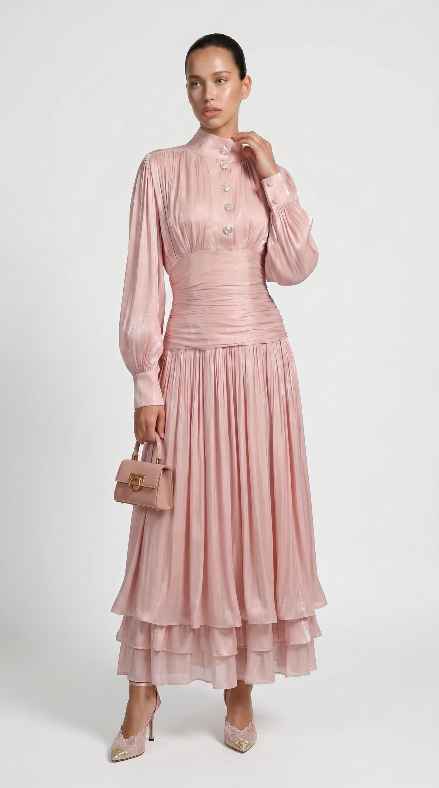 Sandra - Ruched High-Neck Plissé Maxi Gown