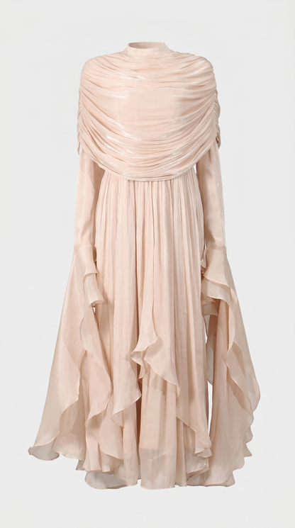 Kara - Irregular Pleated Ruffled Dress Light Apricot