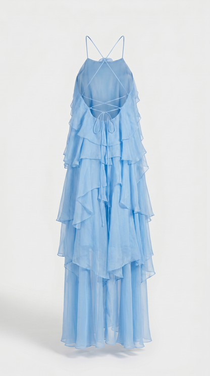 Zeli - Tiered Ruffle Halter Maxi Dress Blue