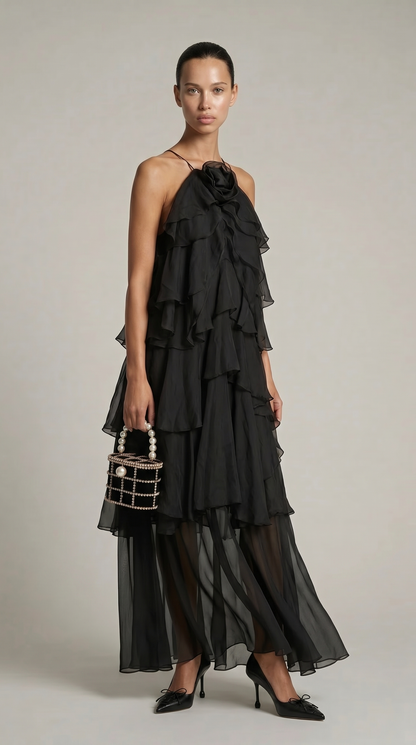 Zeli - Tiered Ruffle Halter Maxi Dress Black