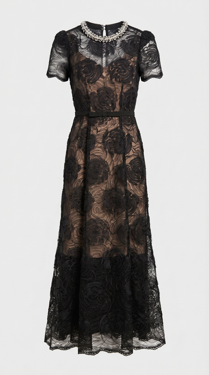 Tula - Rose Lace Maxi Dress with Crystal Neckline Black