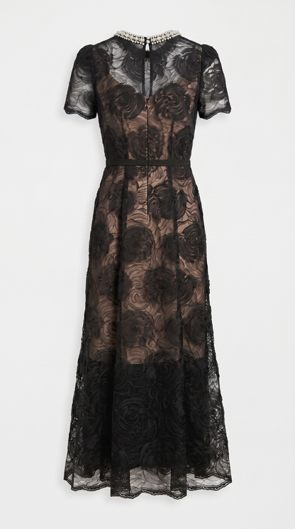 Tula - Rose Lace Maxi Dress with Crystal Neckline Black