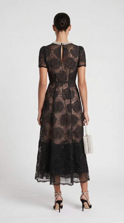 Tula - Rose Lace Maxi Dress with Crystal Neckline Black