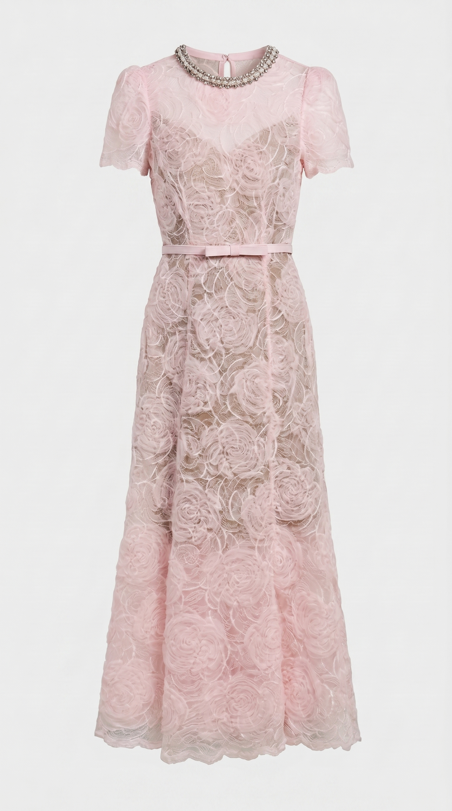 Tula - Rose Lace Maxi Dress with Crystal Neckline Pink